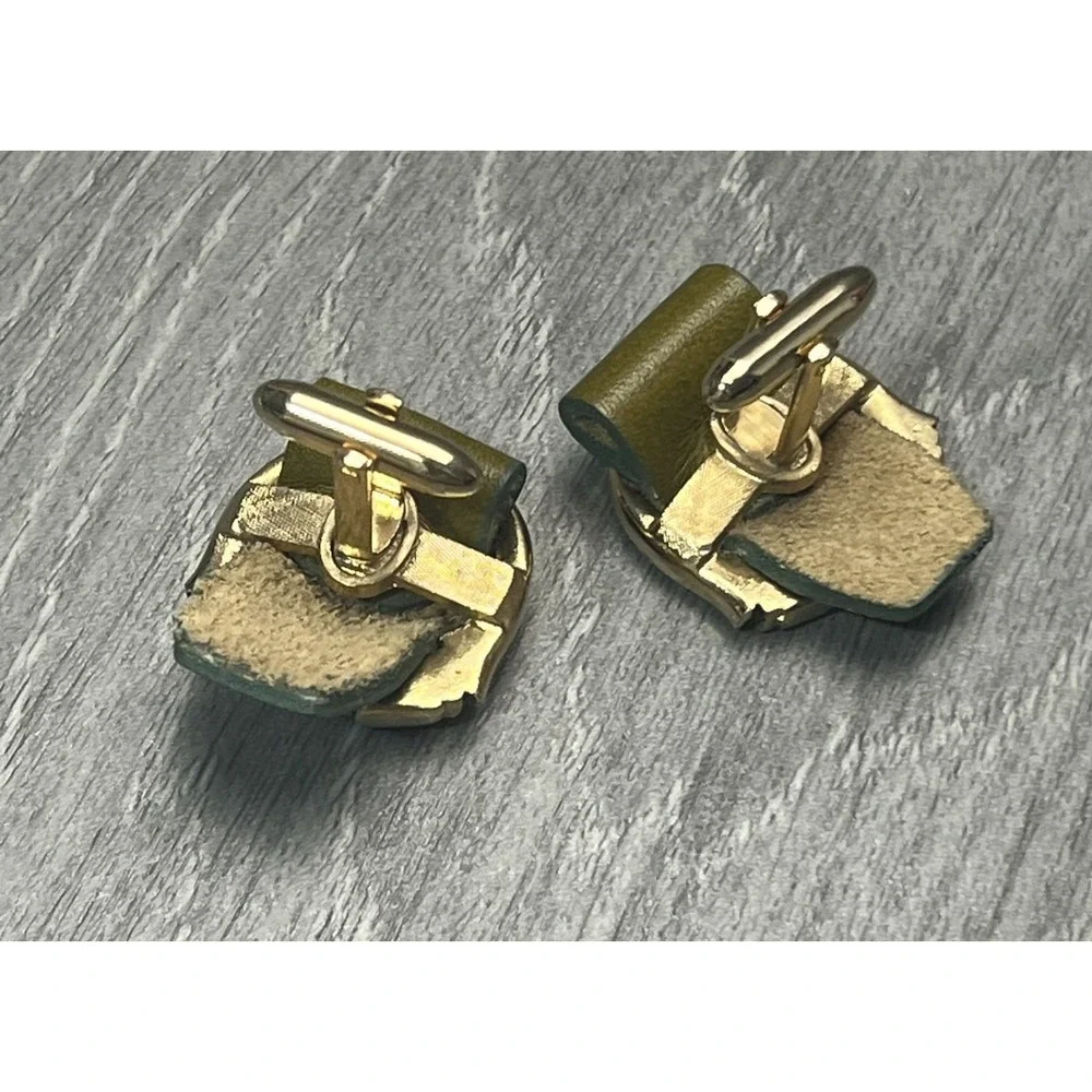 MCM Hickok Olive Green Leather Gold Tone Cufflinks Double Headed Eagles